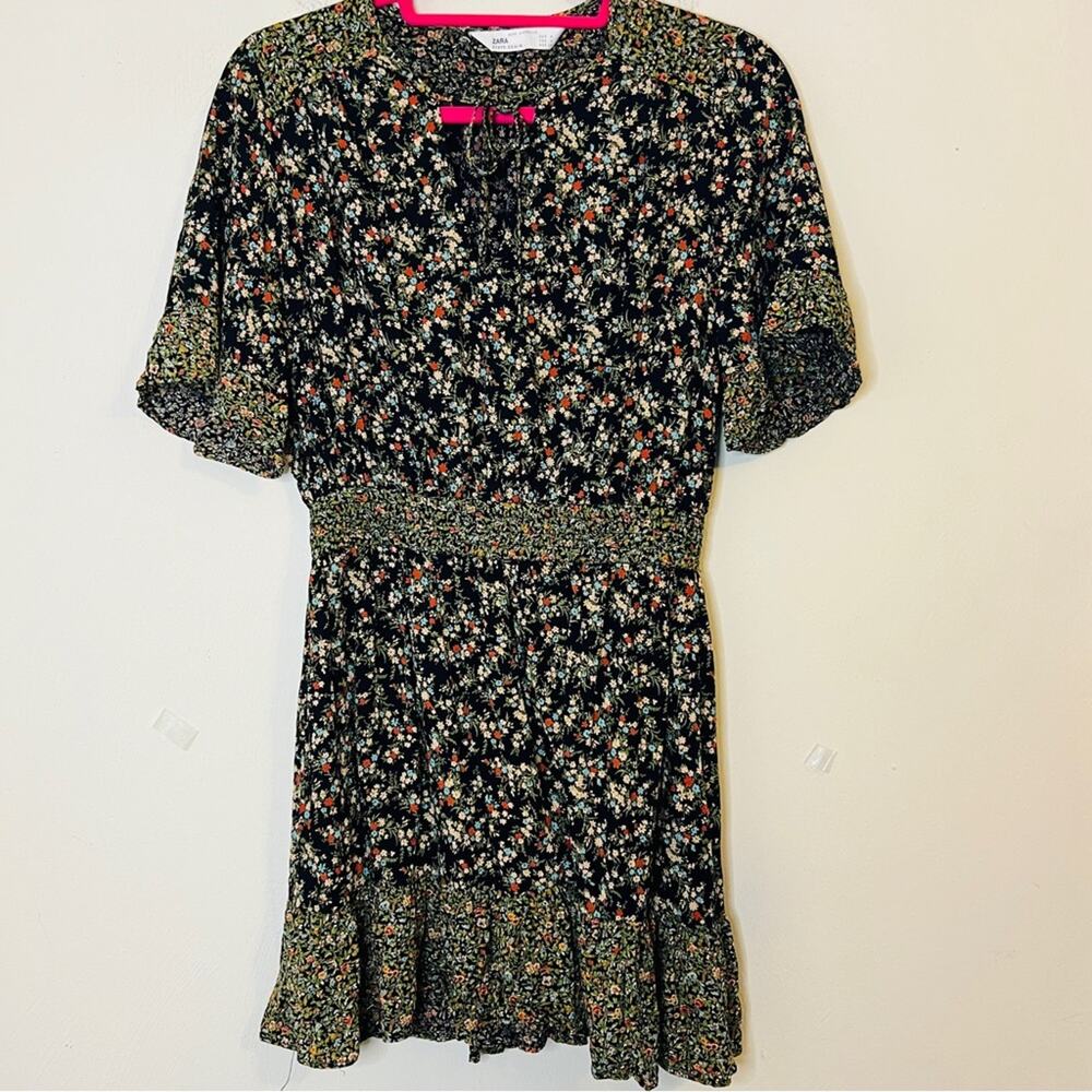 Zara Black Floral Peasant Ruffled Mini Dress Medium Prairie Cottagecore Country